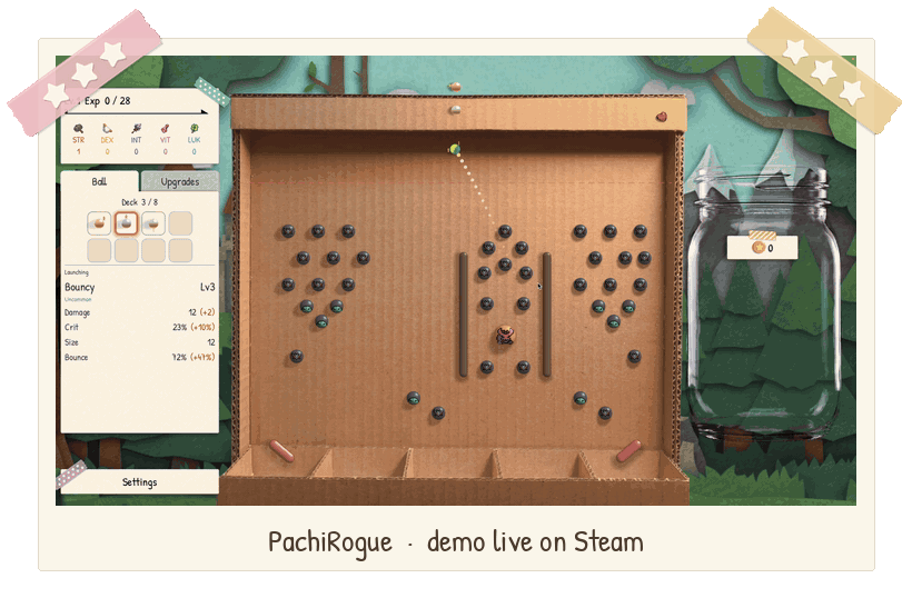 PachiRogue gameplay in a washi-tape polaroid frame