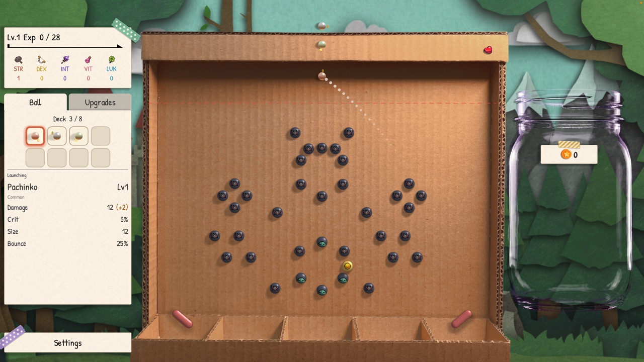 PachiRogue gameplay: aiming on the cardboard board